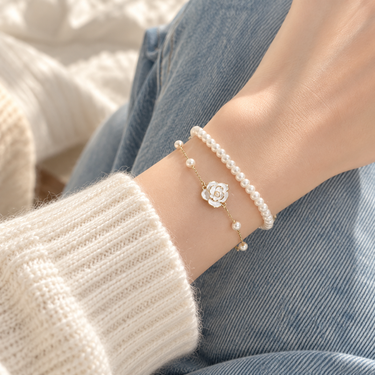 Camellia Pearl Layered Bracelet