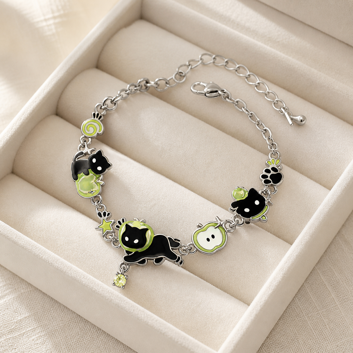 Black Cat Green Apple Sliced Bracelet