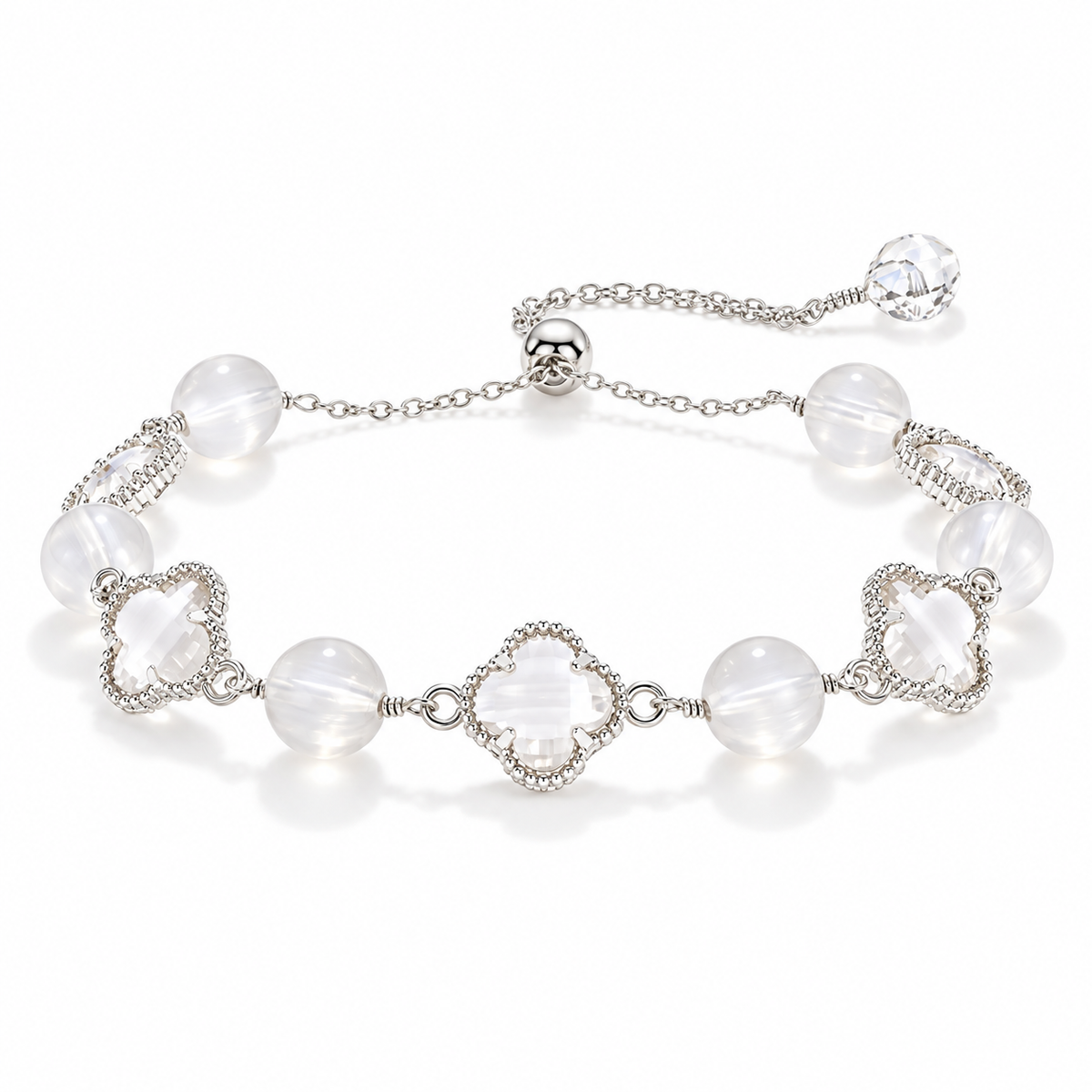 White Crystal Clover Cat's Eye Bracelet white background product photo
