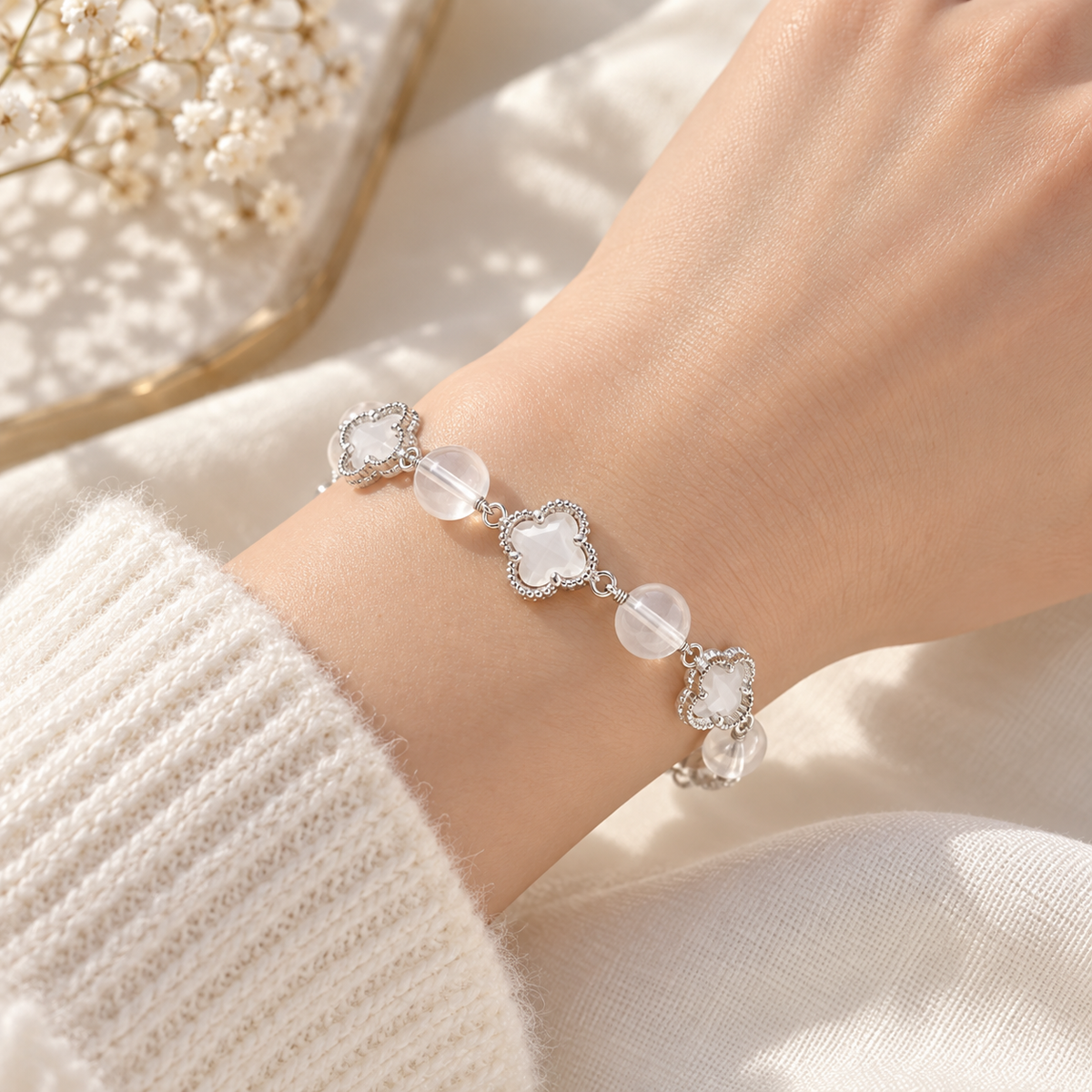 White Crystal Clover Cat's Eye Bracelet lifestyle photo 1