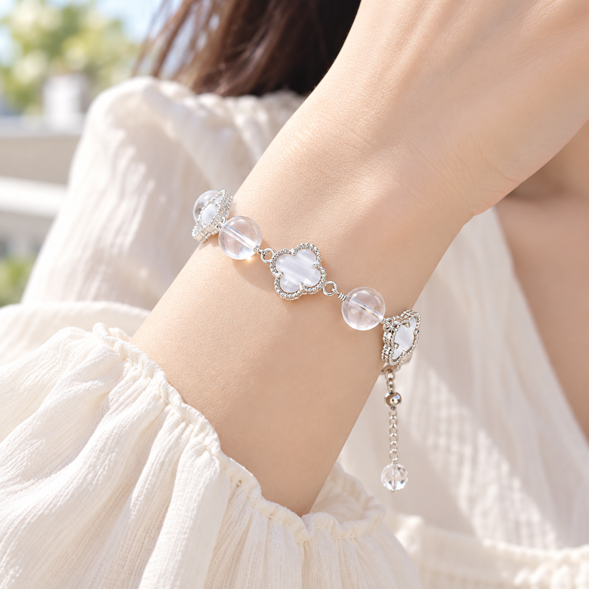 White Crystal Clover Cat's Eye Bracelet lifestyle photo 3